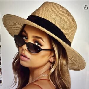 Furtalk Wide Brim Straw Panama Hat Fedora with Wide Black Band UPF Size M/L